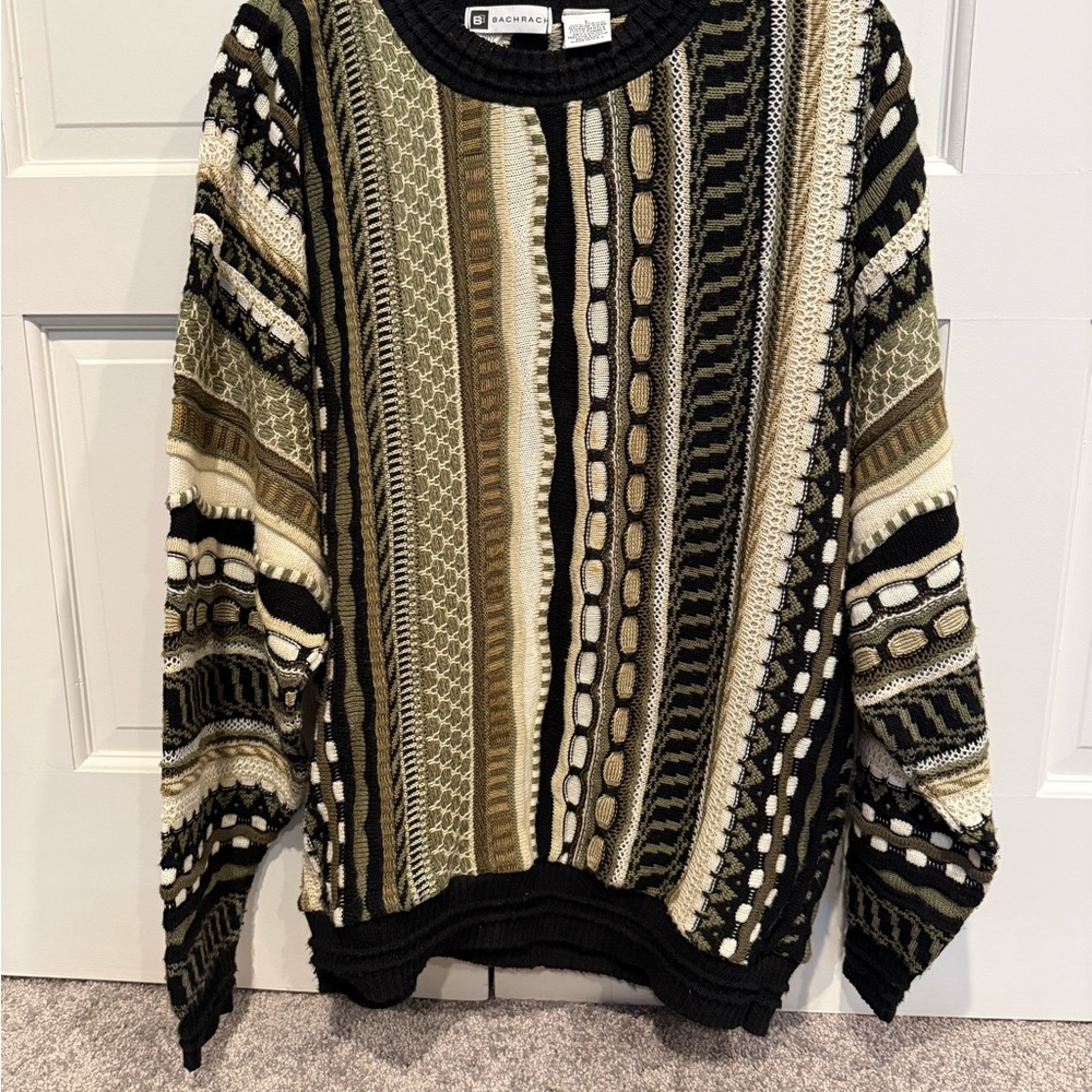 Bachrach Men's Vintage Multi-Stripe Crewneck Sweater in Black, Olive & Cream